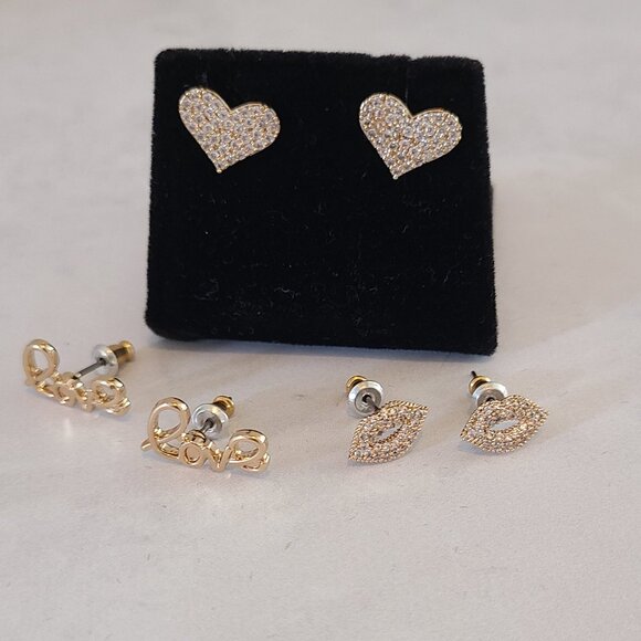 Gold Tone and Crystal CZ Valentine's Earring Set of Three Studs - Picture 1 of 12